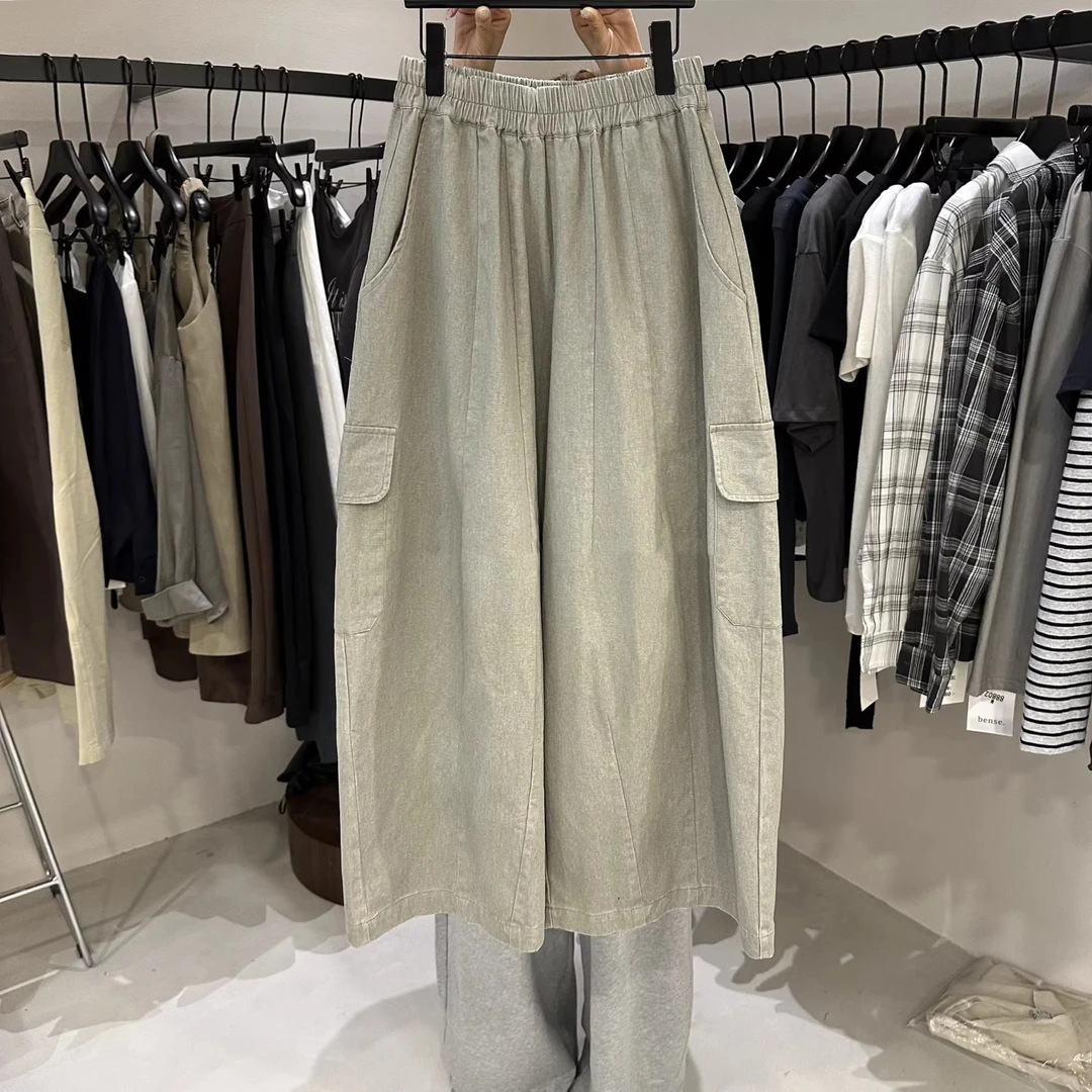 韩系松紧腰大口袋设计工装休闲裤女2025秋季新款宽松显瘦直筒长裤