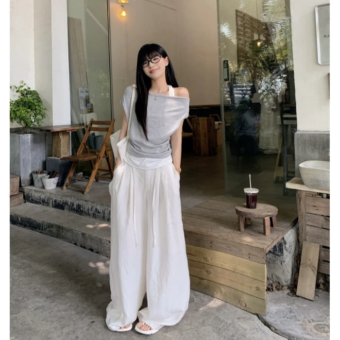 时尚套装条纹假两件短袖T恤女夏季新款高腰显瘦宽松阔腿裤两件套