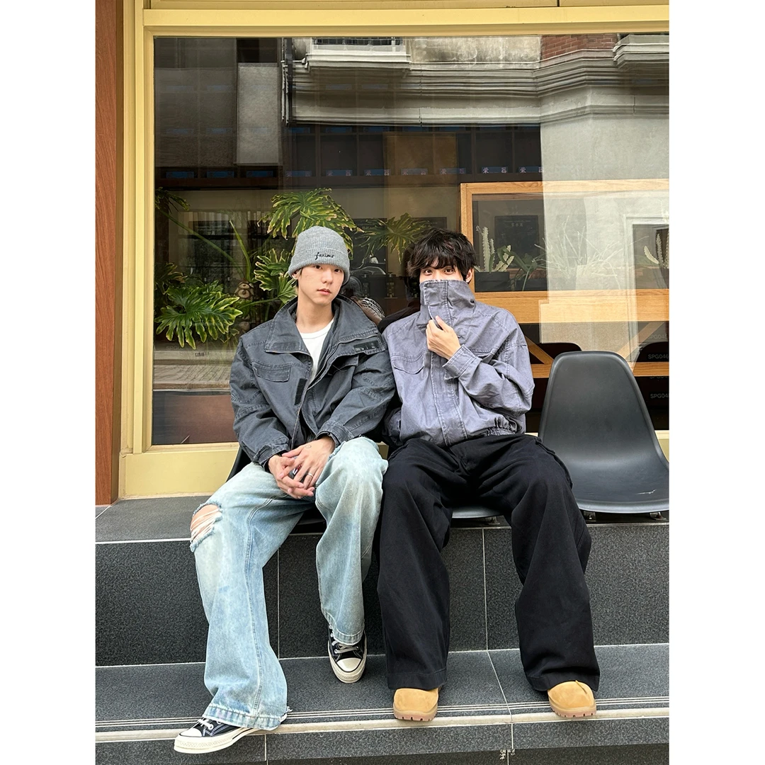 Faxims Store 秋季美式复古水洗做旧立领宽松工装夹克外套男女