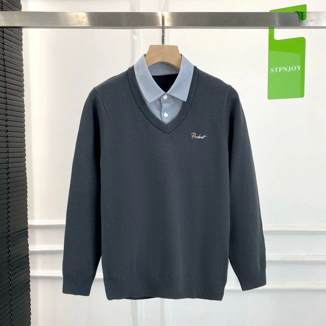 气质V领!柔软亲肤!品牌剪标针织衫假两件男秋冬毛衣保暖打底衫