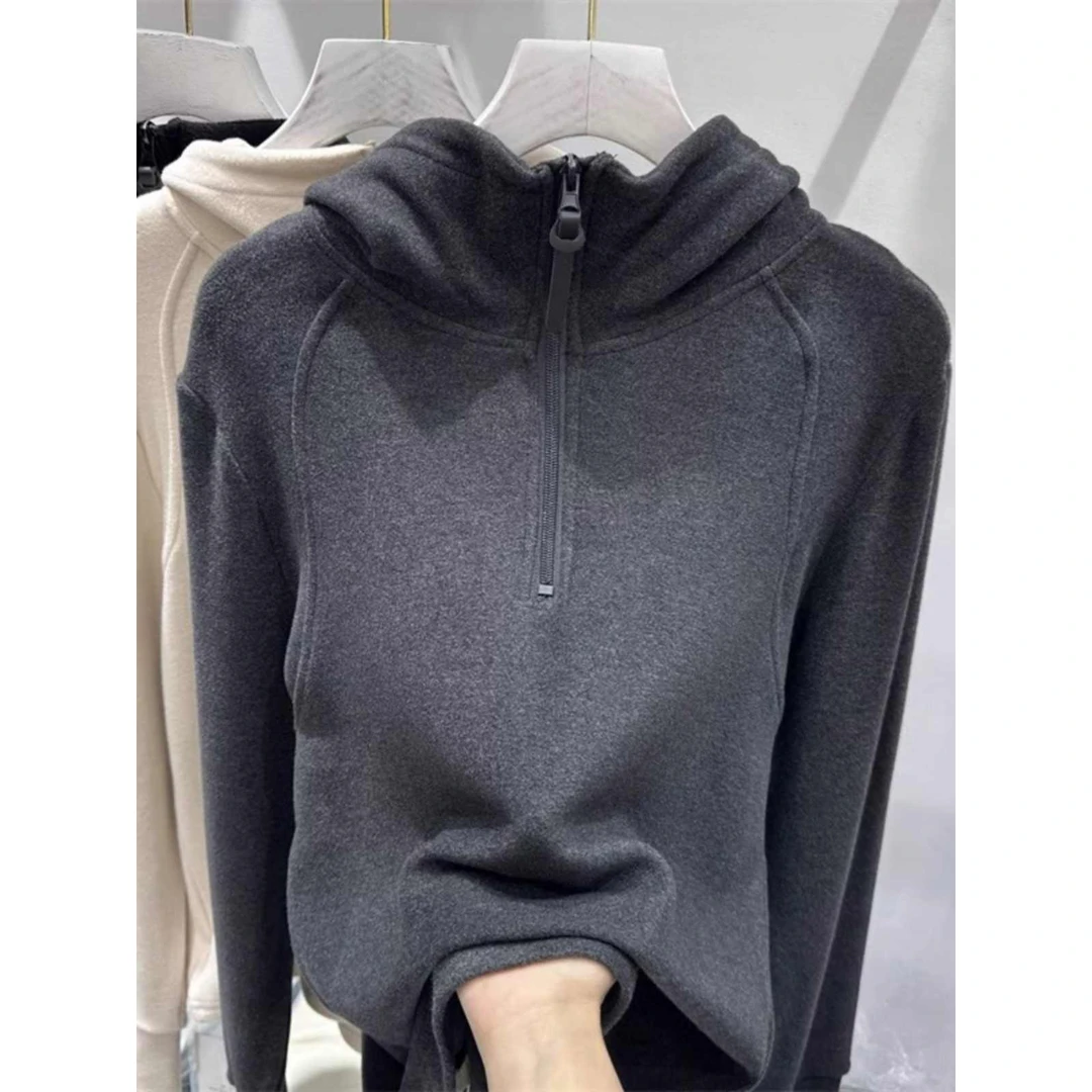 半拉链设计双面德绒连帽卫衣女秋冬保暖休闲打底衫T恤上衣帽衫潮