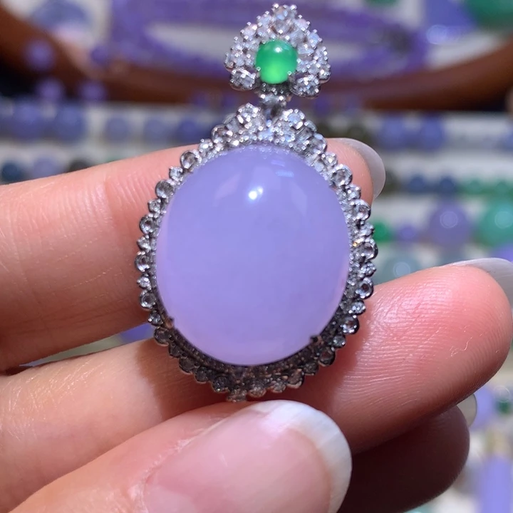 翡翠颈饰18K金镶嵌芃*冰春紫蛋面吊坠