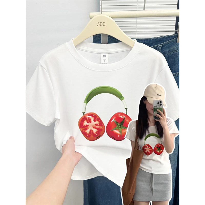 韩版设计感趣味耳机正肩显瘦短袖t恤女小众修身弹力棉上衣打底衫