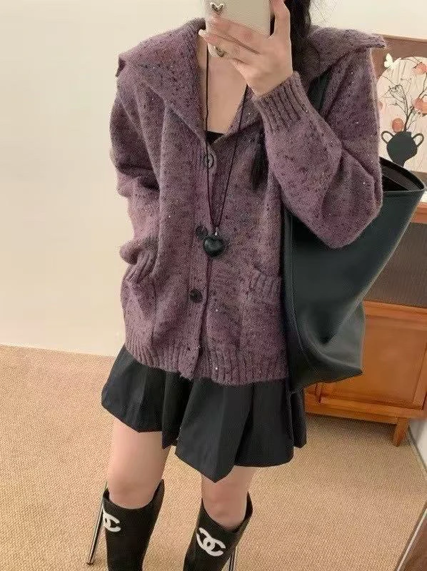 女宽松毛针织衫灰色圆领针织开衫毛衣针织衫韩版套头冬季百搭