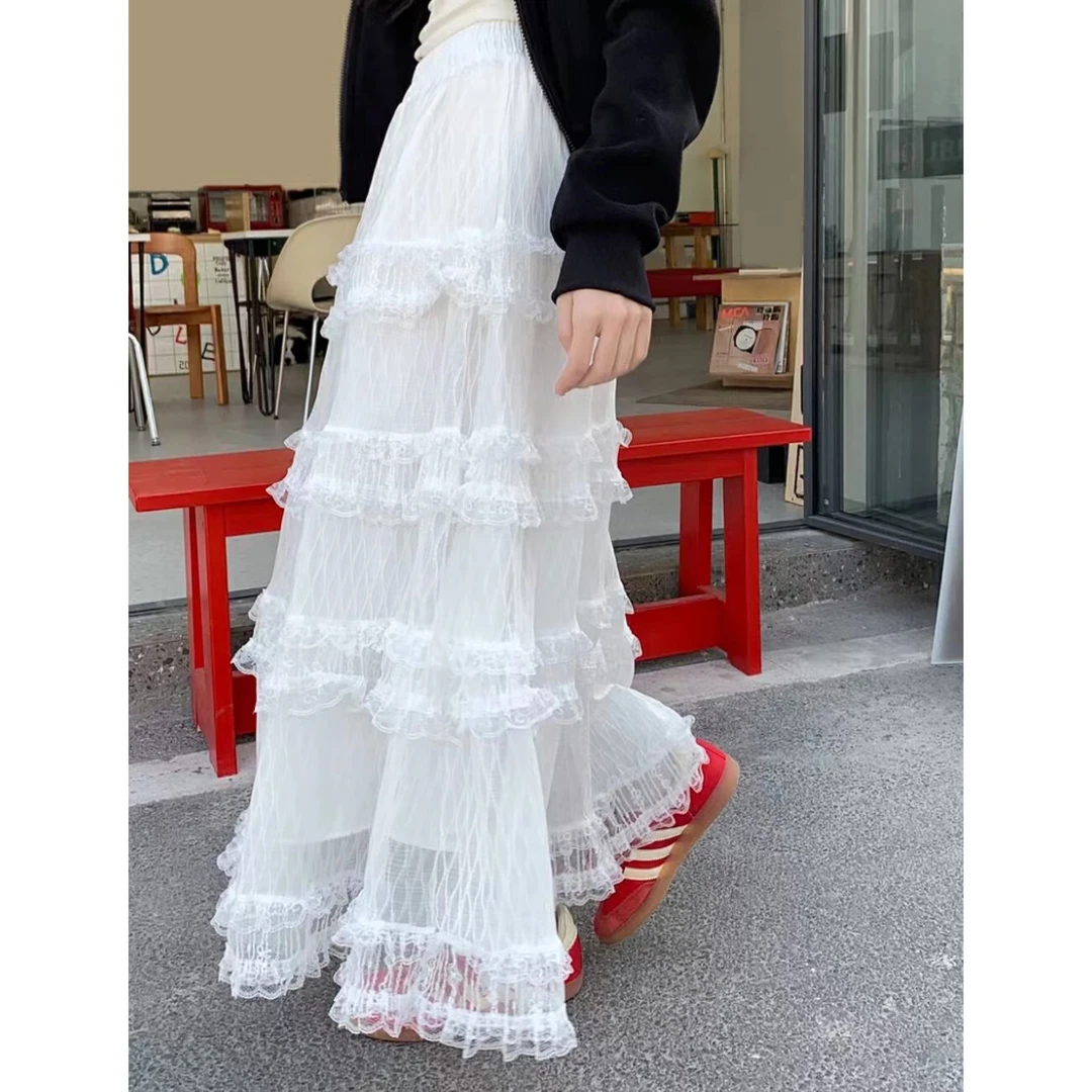 蕾丝花边拼接蛋糕裙半身裙高腰显瘦蓬蓬裙长裙