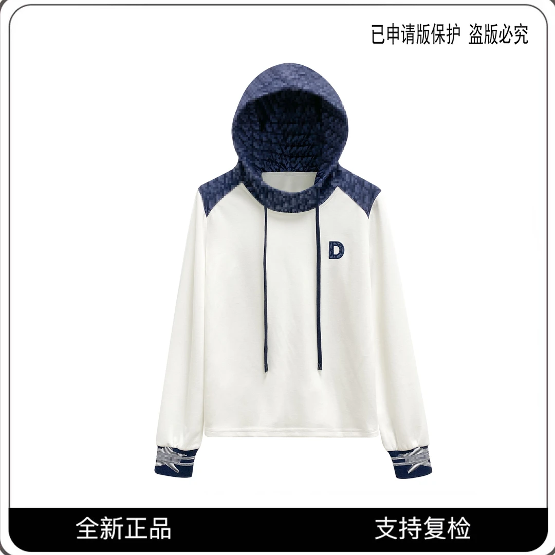 68238#CSIN轻奢时尚撞色连帽印花长袖T恤2025显瘦休闲个性上衣潮