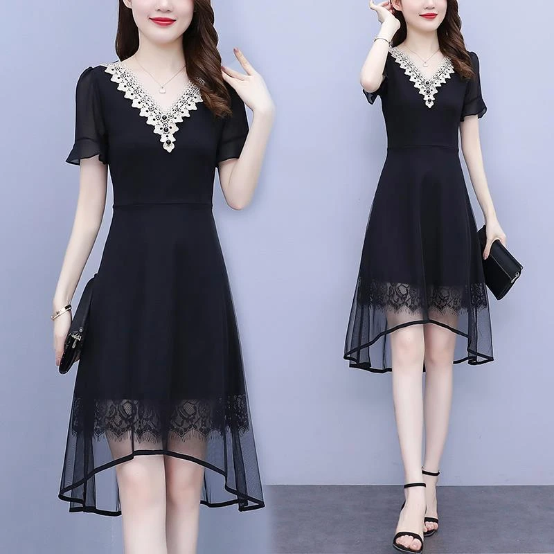 流行时尚大码女装夏季胖喇叭袖燕尾网纱拼接显瘦洋气连衣裙