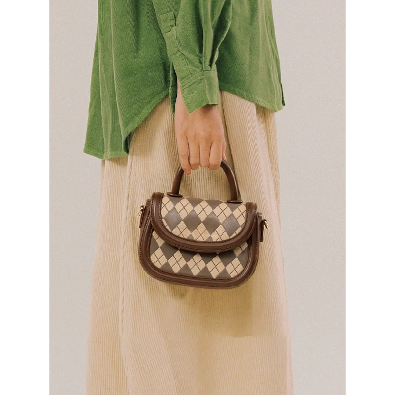 【袁班长专属】马鞍包包小众高级感菱格单肩女士手提斜挎包0653