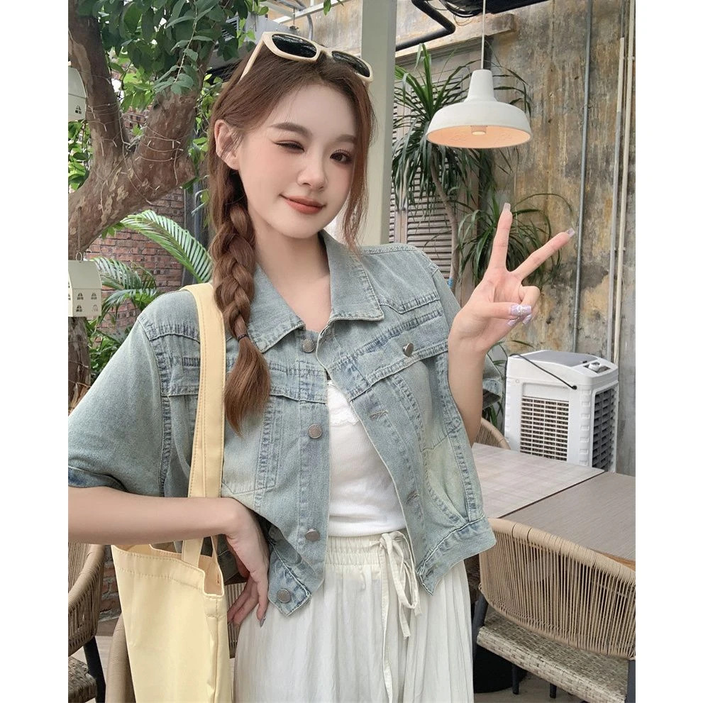 浅蓝色牛仔短袖外套夏季复古衬衫新款显瘦宽松翻领小个子短款上衣