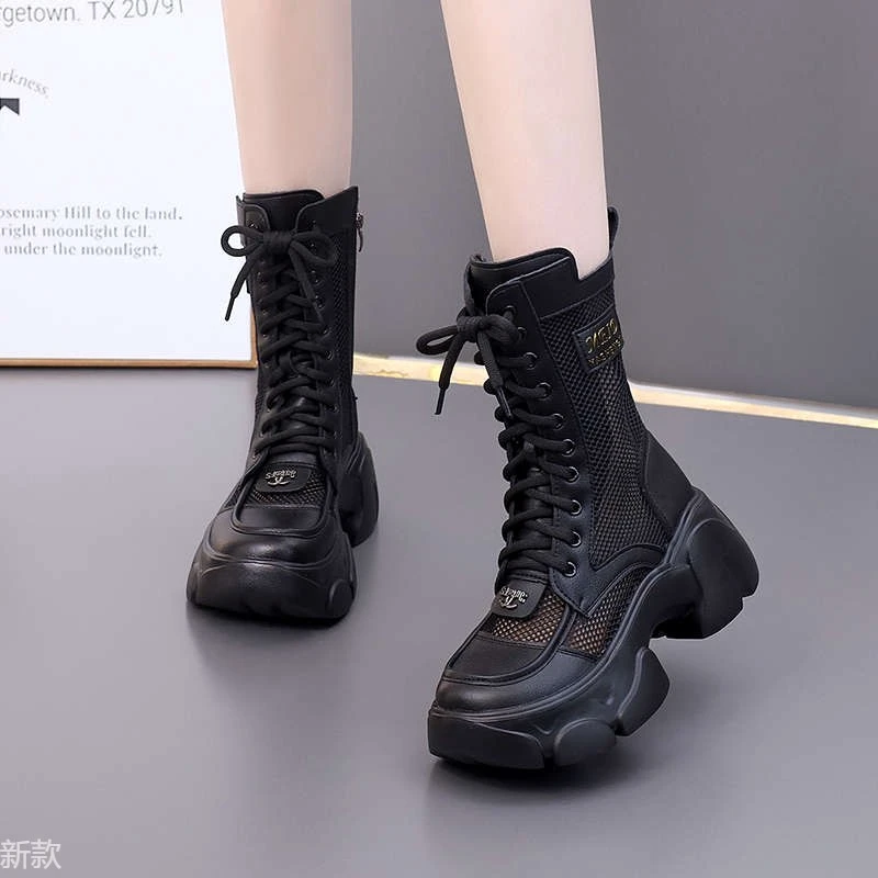 真皮厚底镂空马丁靴女2025新款夏百搭中筒网靴小个子轻便网面凉靴