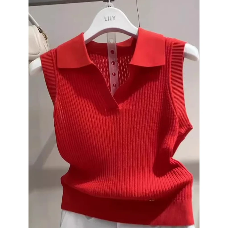 夏季洋气Polo领无袖针织背心女2025新款小个子夏天设计感短款上衣