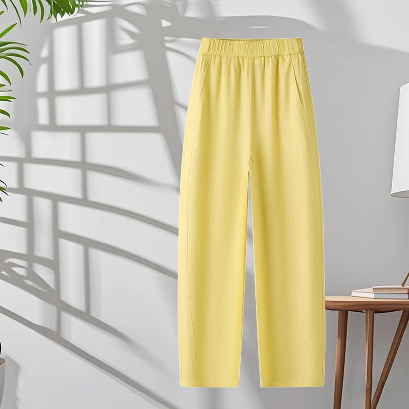 黄色天丝亚麻裤哈伦裤女2025夏季薄款高腰显瘦小个子休闲裤九分裤