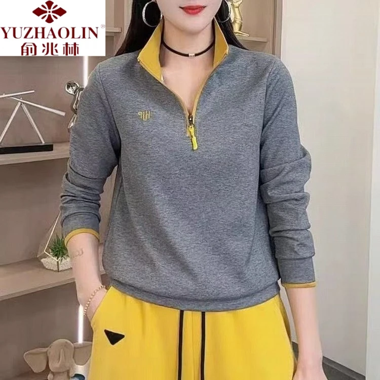 俞兆林韩系休闲运动休闲女士早春穿半拉链减龄撞色立领卫衣上衣T