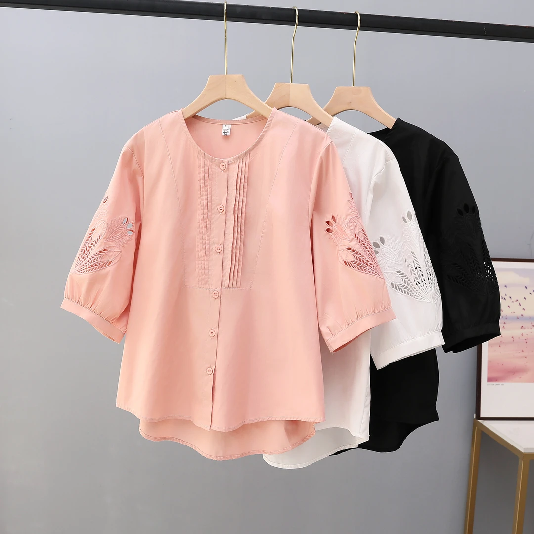 纯棉大码女装新款2025胖mm夏装灯笼袖上衣中袖镂空绣花百搭T恤女