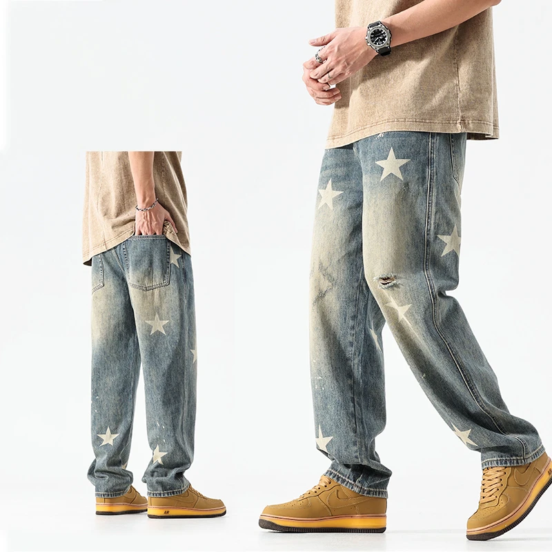 2025夏季新款牛仔裤男士破洞潮牌水洗休闲长裤子男生宽松直筒男裤