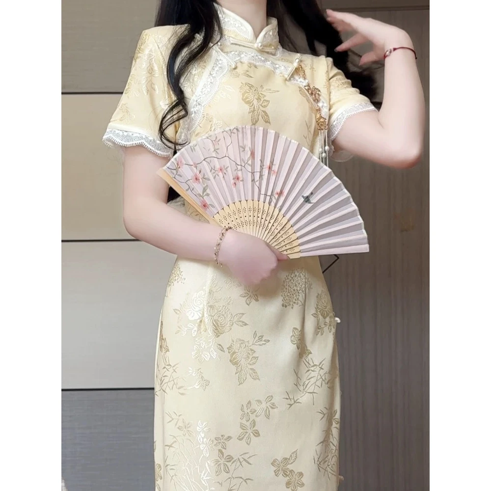 抹茶麻薯2025年夏季新款改良黄色旗袍复古素雅年轻少女新中式日常