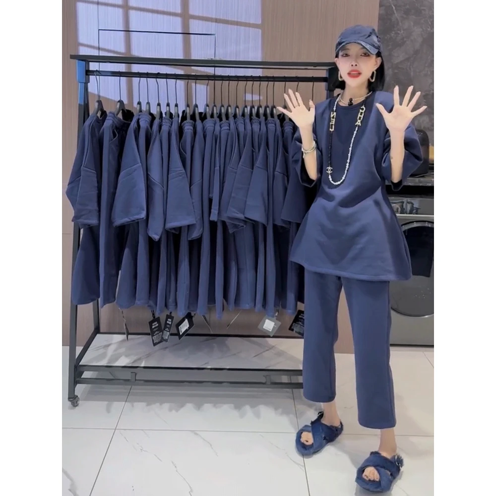 欧洲站2025春秋新款纯色套女圆领短袖T恤小个子高腰八分裤两件套