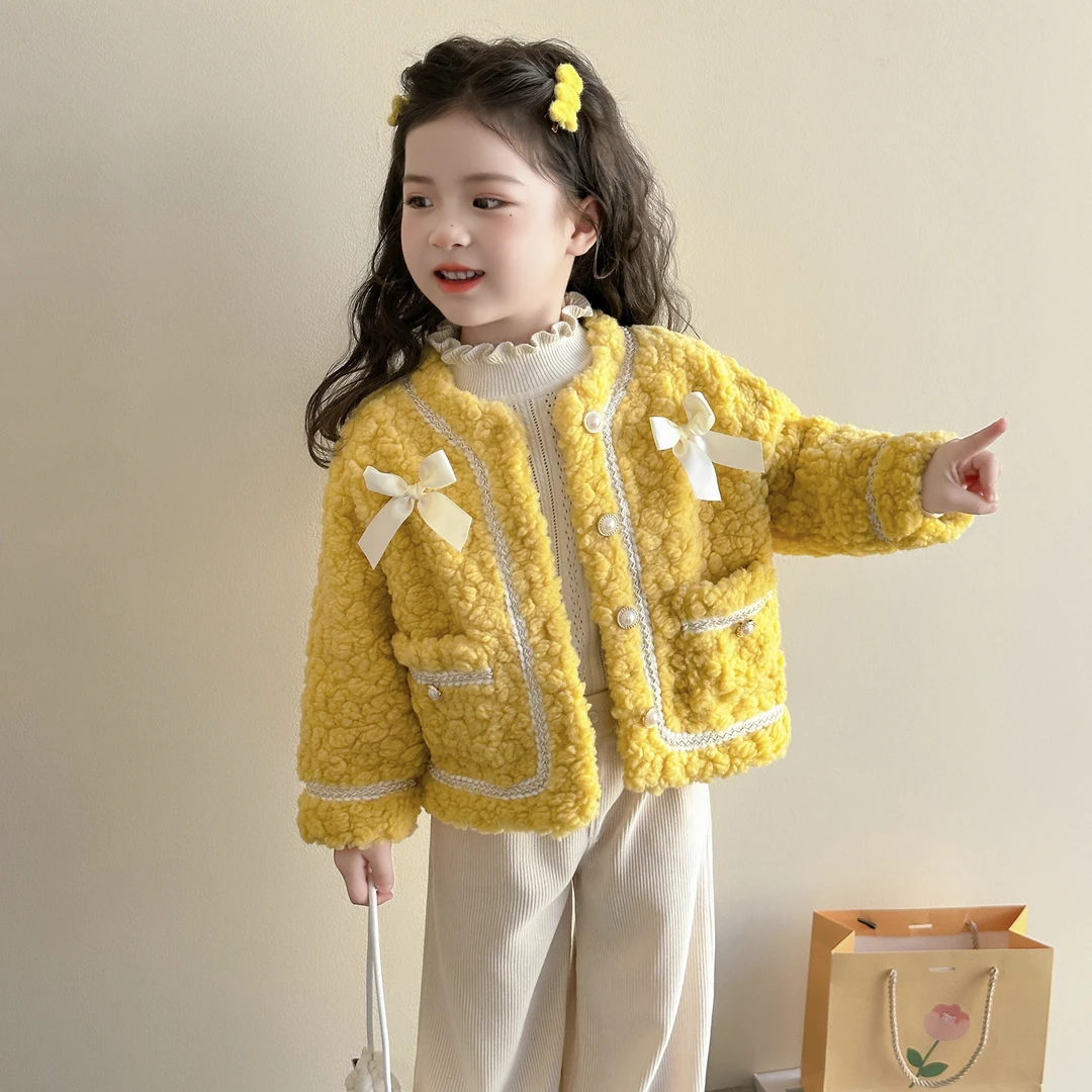 女童小香风外套儿童秋冬装韩版洋气加厚女宝宝冬季蝴蝶结毛毛衣潮