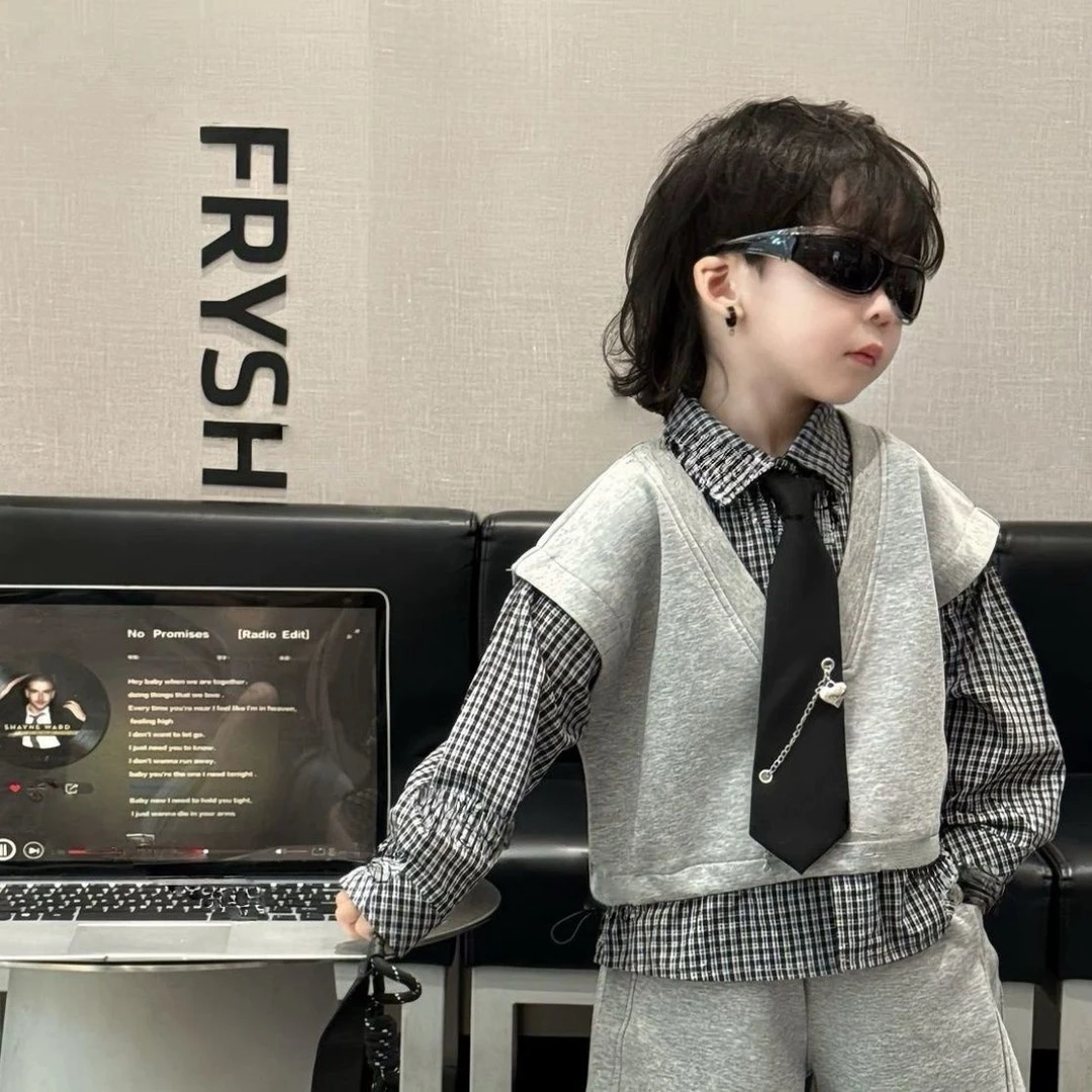 儿童假两件衬衫马甲套装2025秋装新款洋气束脚裤潮童酷帅两件套潮