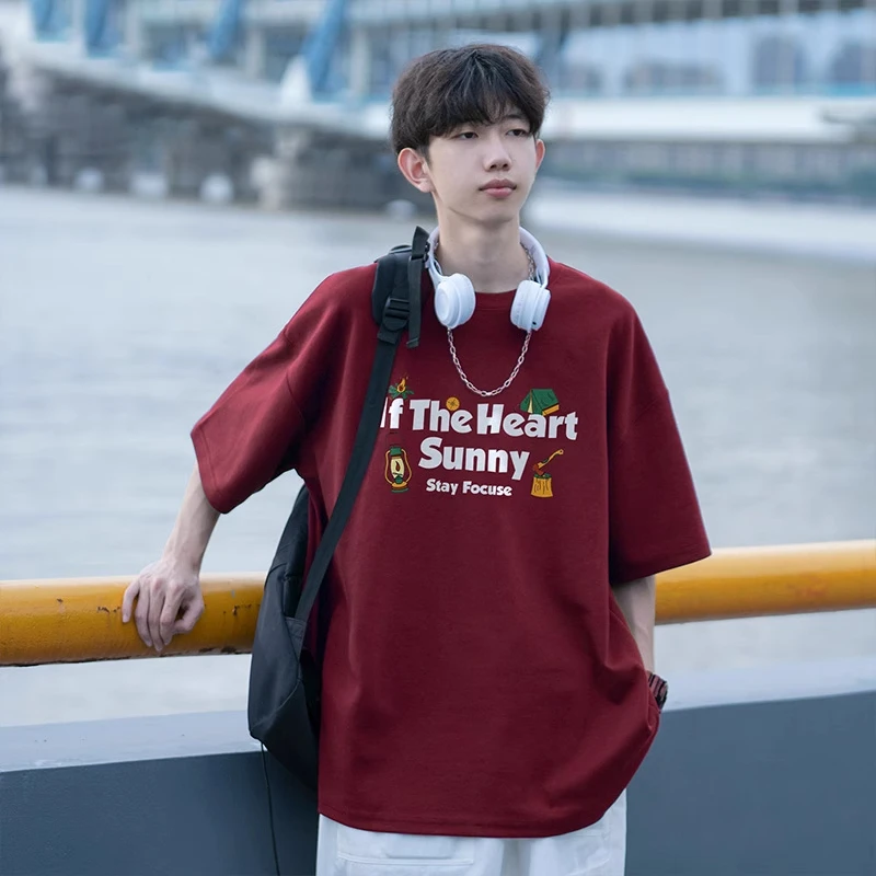 酒红色纯棉短袖T恤男夏季薄款宽松2024新款重磅潮牌休闲半袖体恤