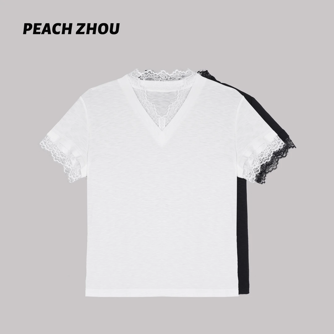 『PEACHZHOU』莱赛尔亚麻蕾丝花边拼接宽松V领短袖法式轻熟休闲T恤