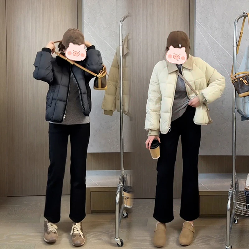 2025冬季穿搭新款时尚百搭撞色设计棉服外套搭配显瘦牛仔裤套装女