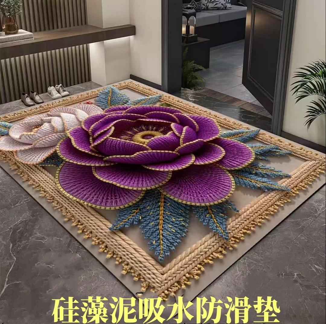 【大号门口垫】100*160大号入户门吸水防滑硅藻泥门垫可裁剪-紫玫瑰