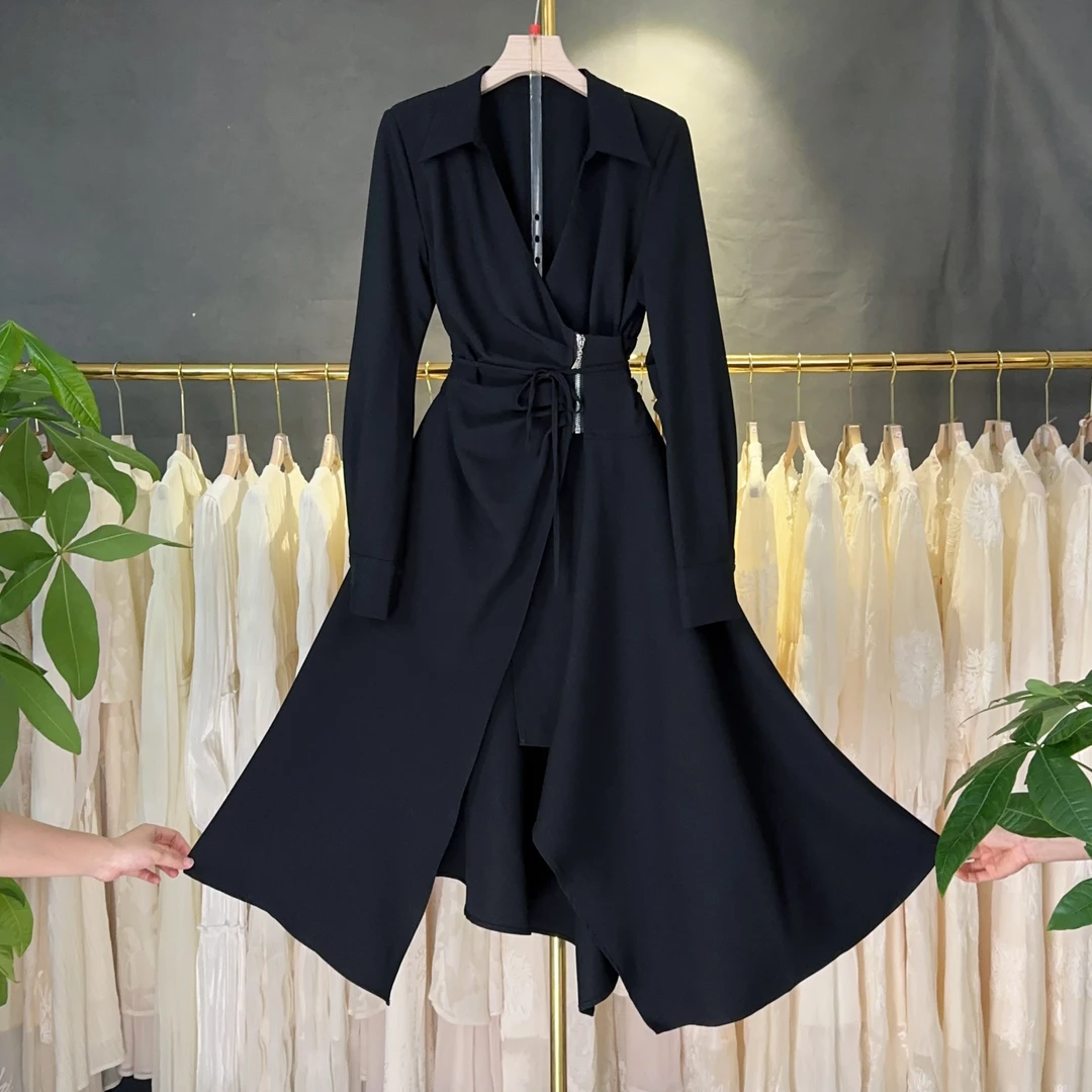 【RG5239】显瘦气质长袖轻奢高端时尚黑色收腰赫本风修身翻领连衣裙