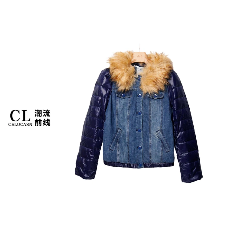 J5SBS090#冬季新款毛领单排扣拼接牛仔短外套