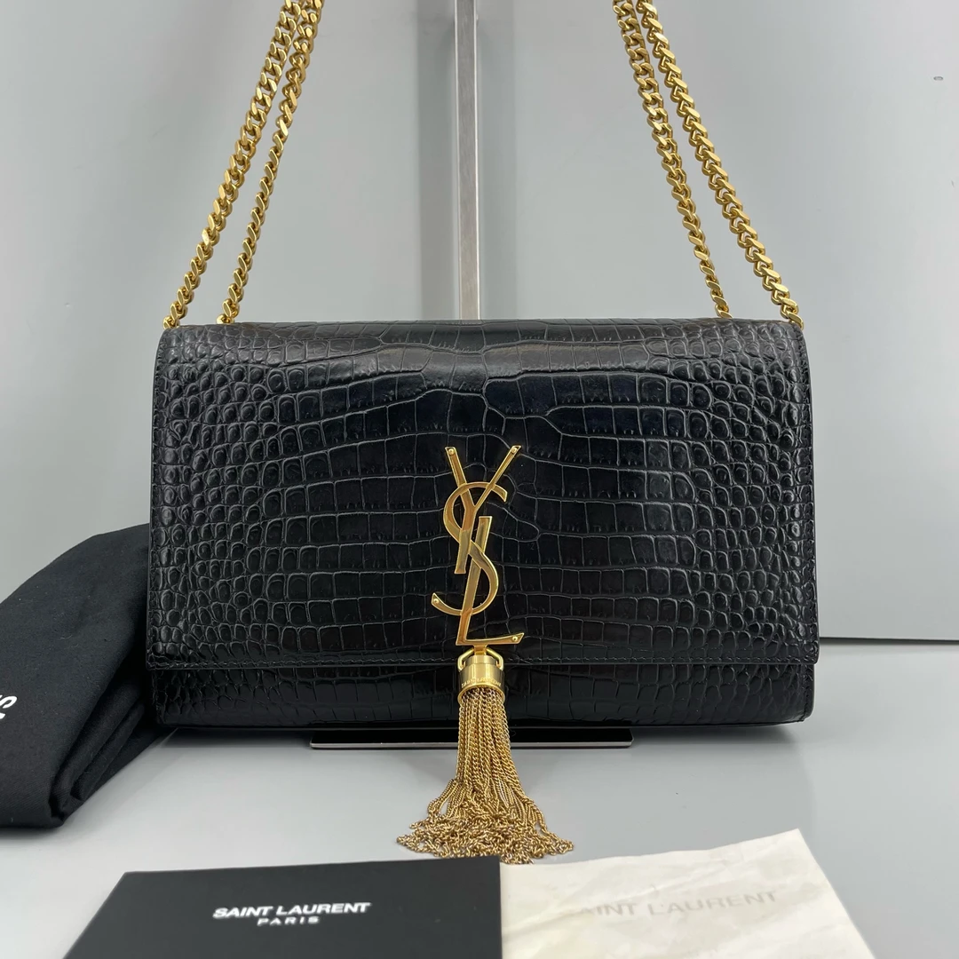 95新 YSL/圣罗兰 优选/Kate黑金鳄鱼压纹流苏链条包带票/24×15