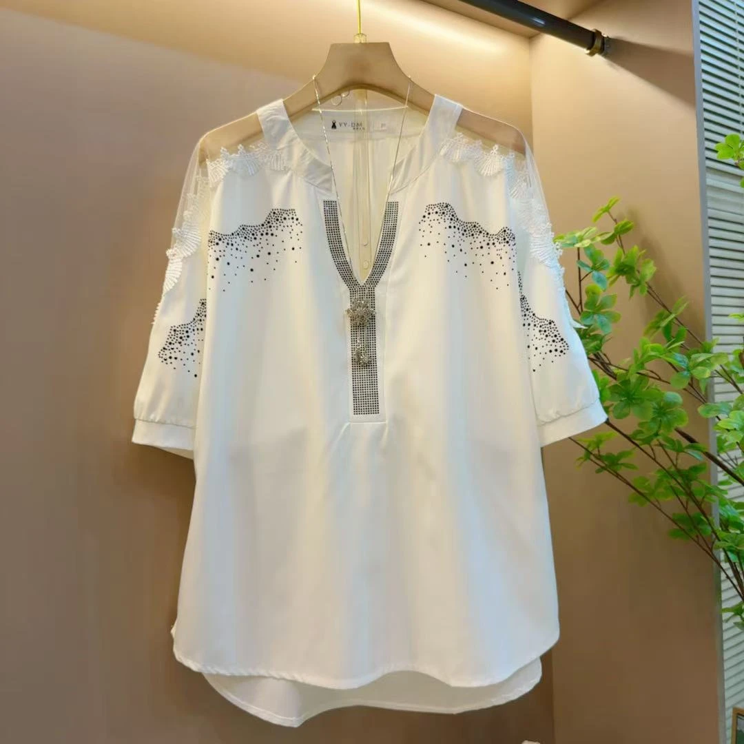 夏季新款百搭时尚重工亮钻V领宽松显瘦轻奢短袖上衣（长62左右）