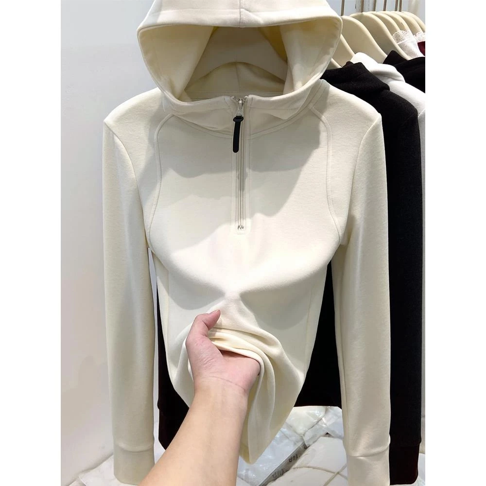 欧货新款半拉链双面德绒连帽卫衣女秋冬加绒设计感打底衫上衣帽衫