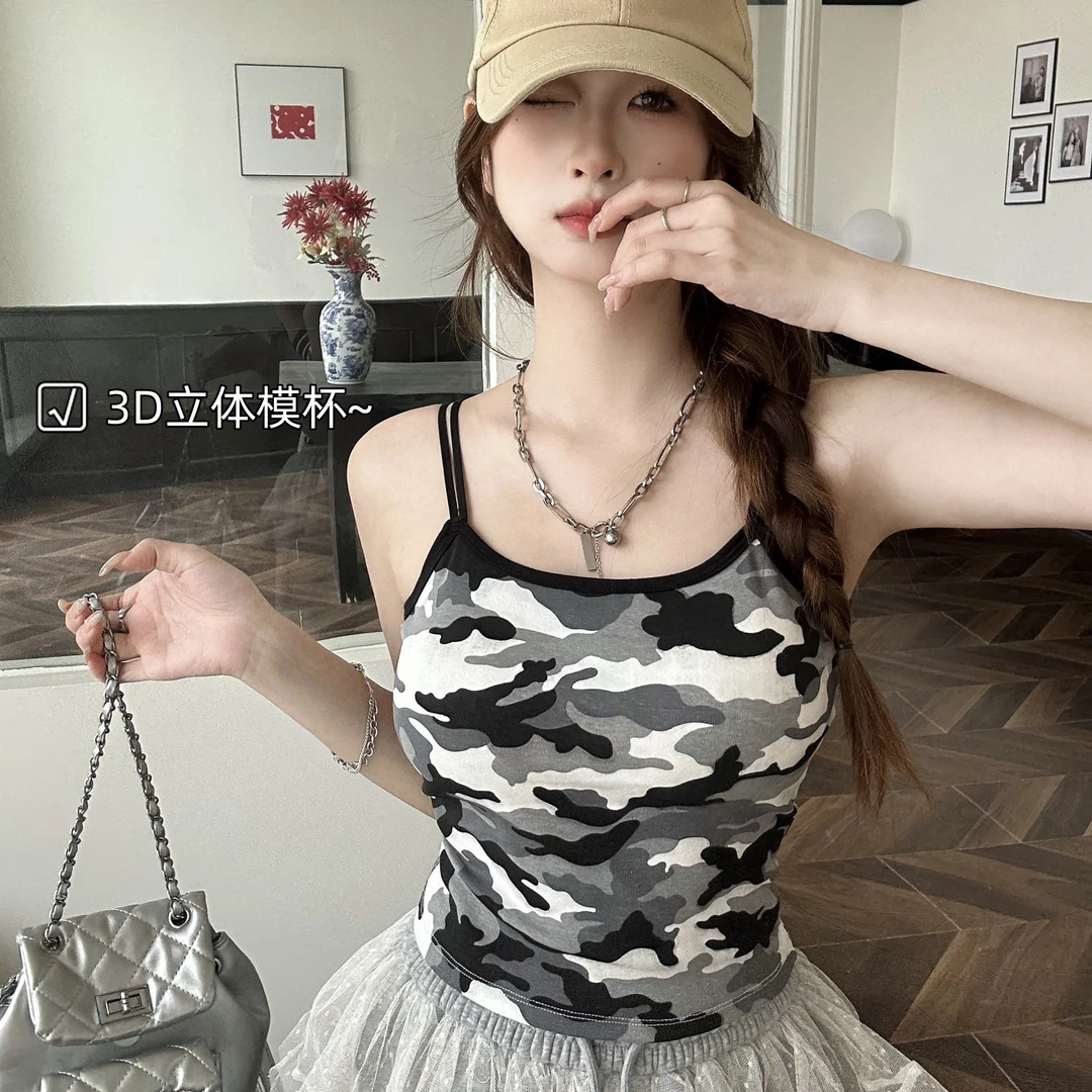 美式辣妹短款迷彩吊带背心女夏季外穿设计感小众内搭美背无袖上衣