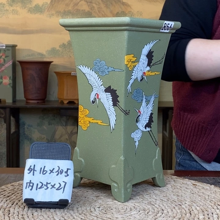 紫砂花盆  超精品果绿仙鹤手绘签筒856