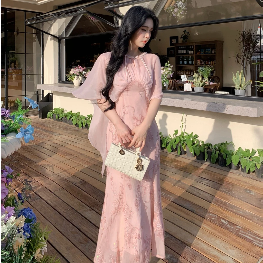 Blovelan垂云赋彩 法式绣花设计感连衣裙重工收腰鱼尾长裙