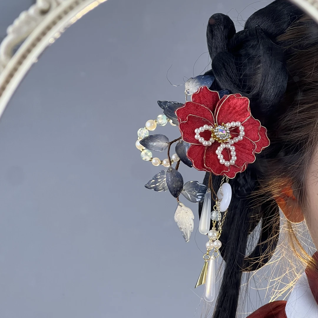 挽清 仿绒花发簪步摇牡丹古风配饰汉服新中式旗袍