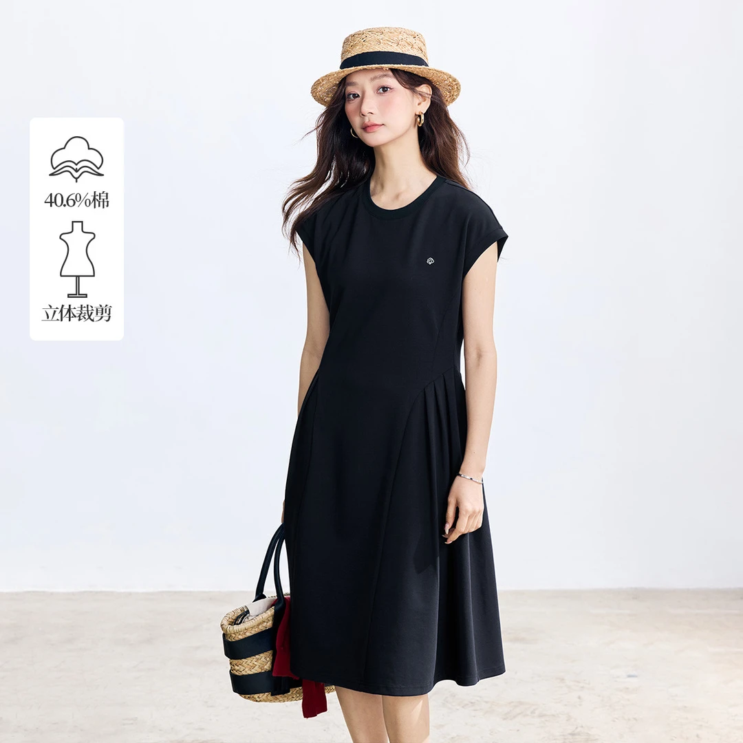 气质收腰显瘦T恤裙2025夏季简约时尚小飞袖圆领A字连衣裙子