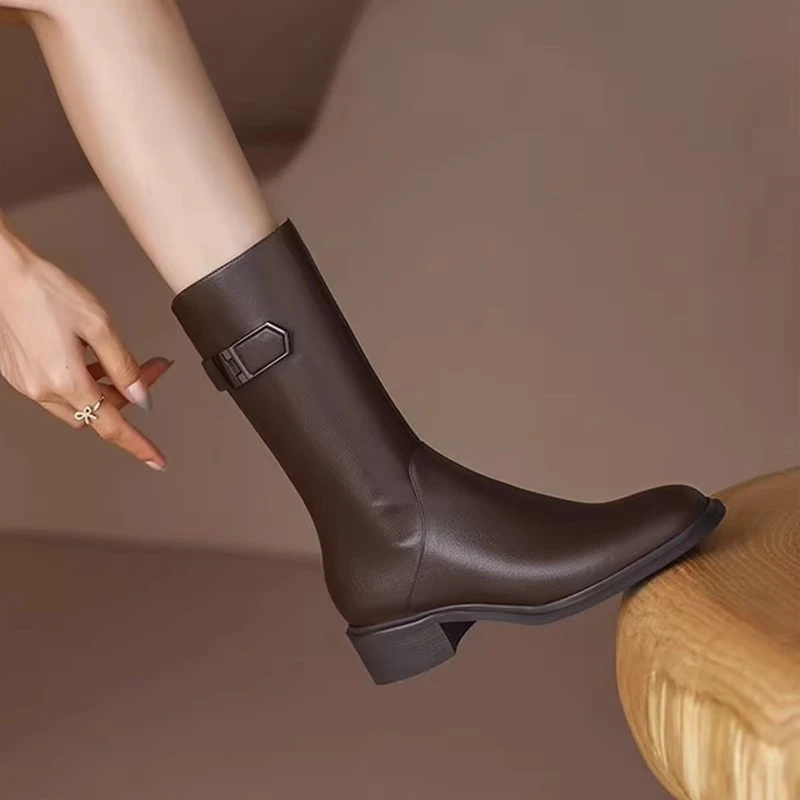 香港牛皮法式小短靴女粗跟2025秋冬新款真皮骑士皮靴女中筒瘦瘦靴