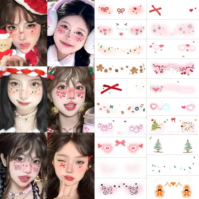 圣诞节妆容脸贴彩绘纹身贴甜心少女氛围感腮红小鹿派对可水洗贴纸