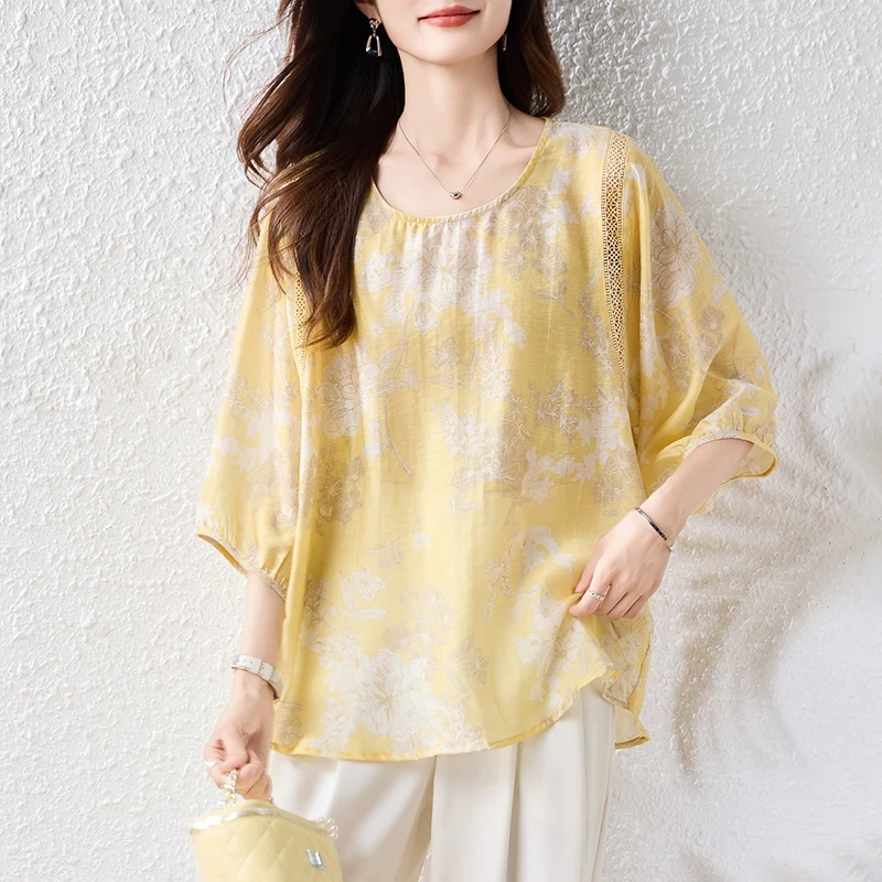 洋气设计感蕾丝拼接提花短袖雪纺衫女2025夏季大码优雅宽松上衣