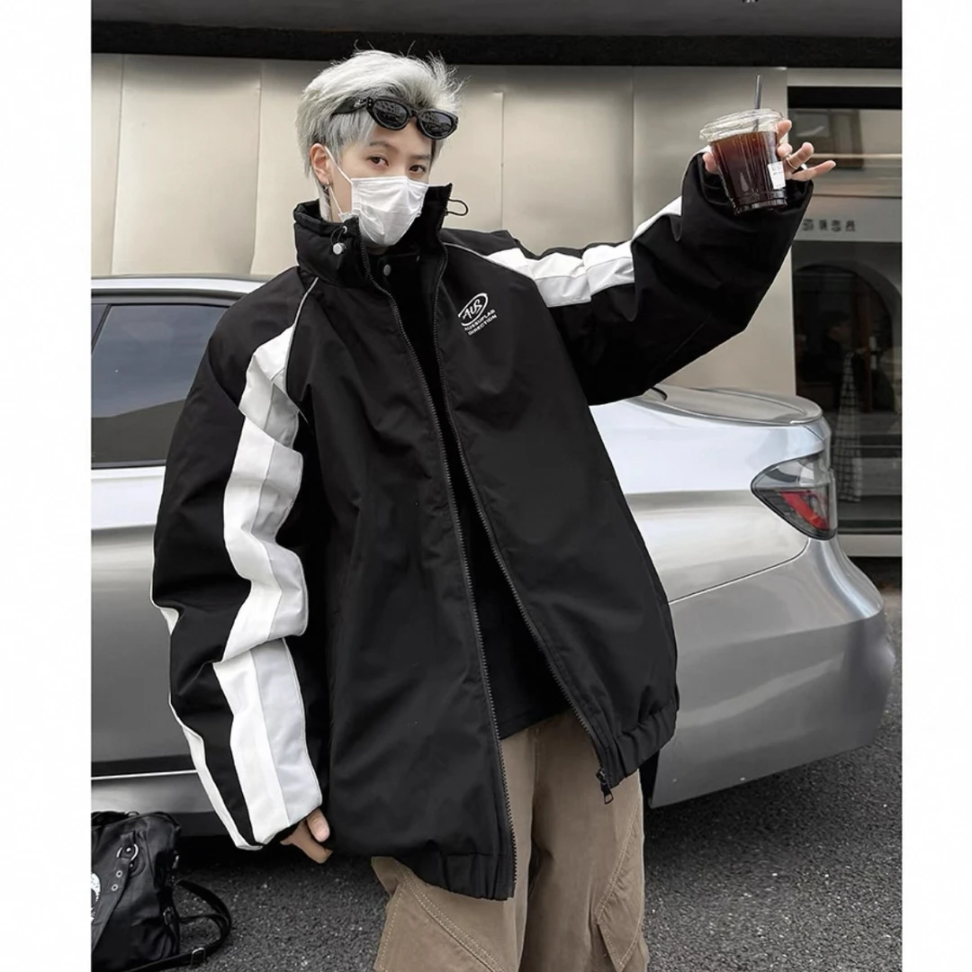 美式高街撞色拼接保暖棉服男女设计感外套-H28