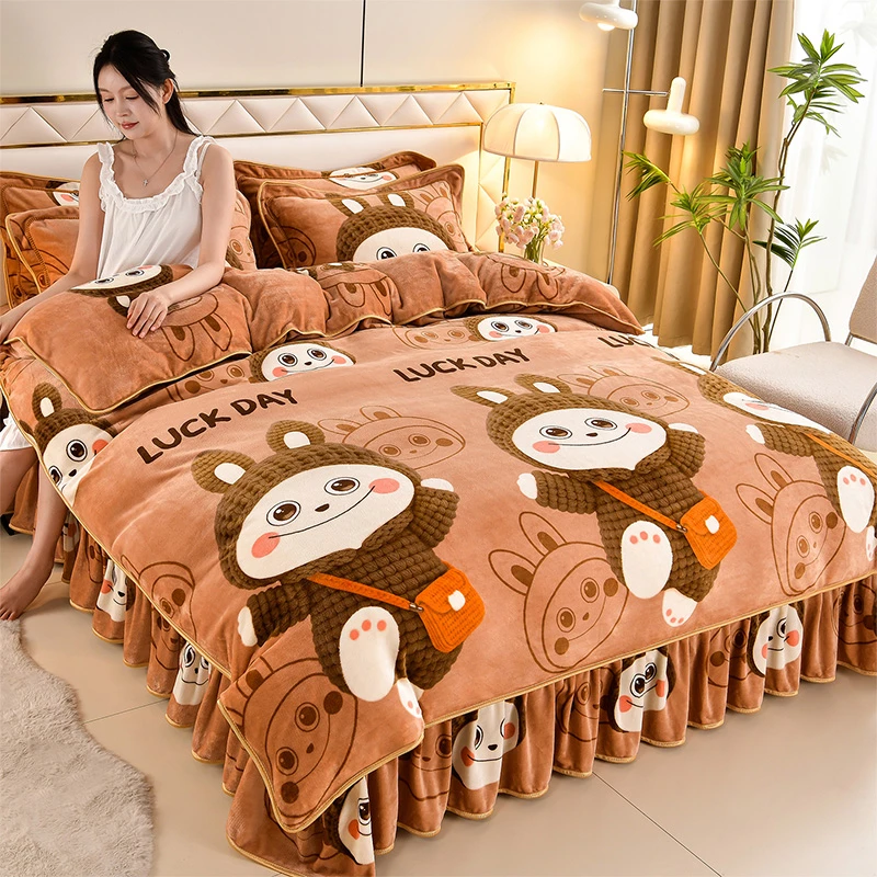 新款加厚A类牛奶绒四件套保暖卡通抗静电珊瑚绒被套加绒水晶绒