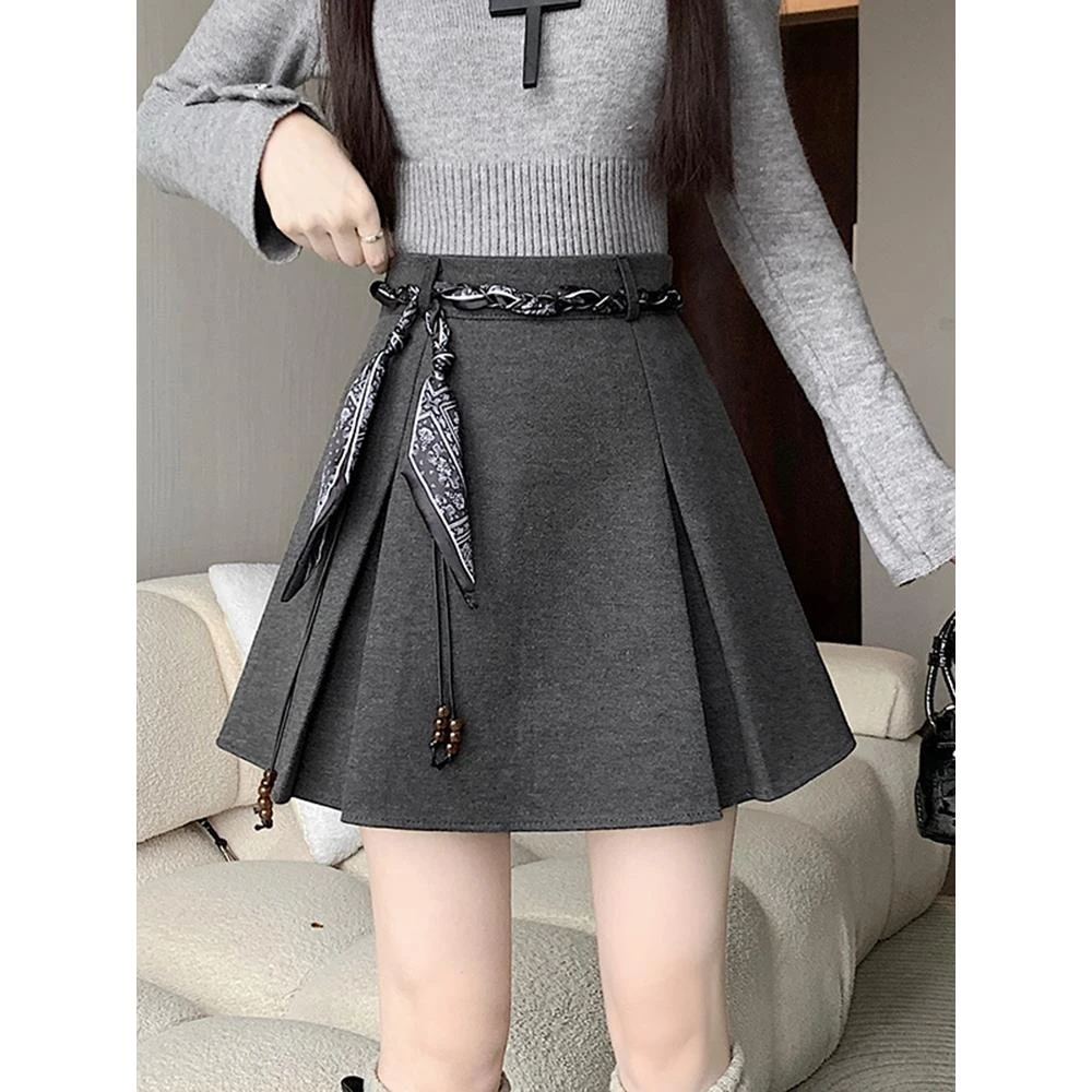 灰色毛呢百褶半身裙女2025秋冬新款学院风高腰显瘦a字带腰带短裙