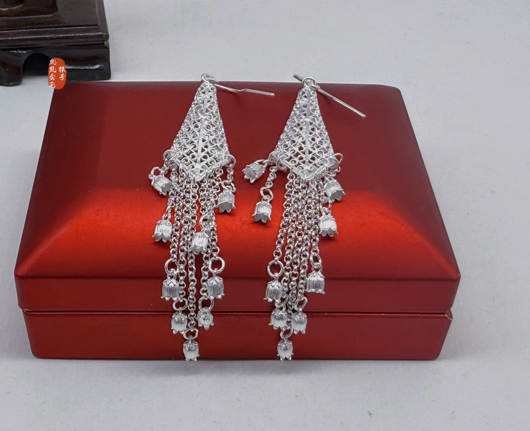 足银耳饰 铃兰花拉丝耳坠【金花银号】足银纯银熟银原创非遗工艺