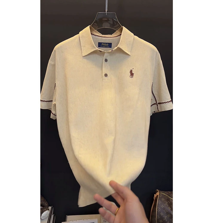 C85211顶奢大牌男装POLO衫2025夏季新款老钱风亚麻刺绣透气短袖潮