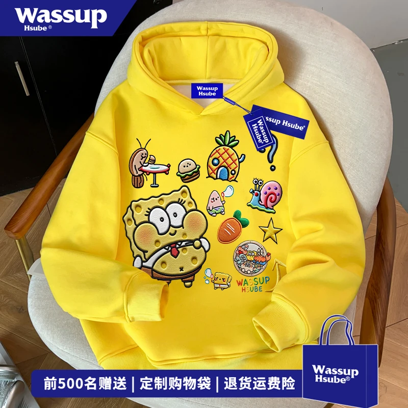 WASSUP HSUBE美式海绵宝宝印花连帽卫衣男秋冬宽松黄色无口袋上衣