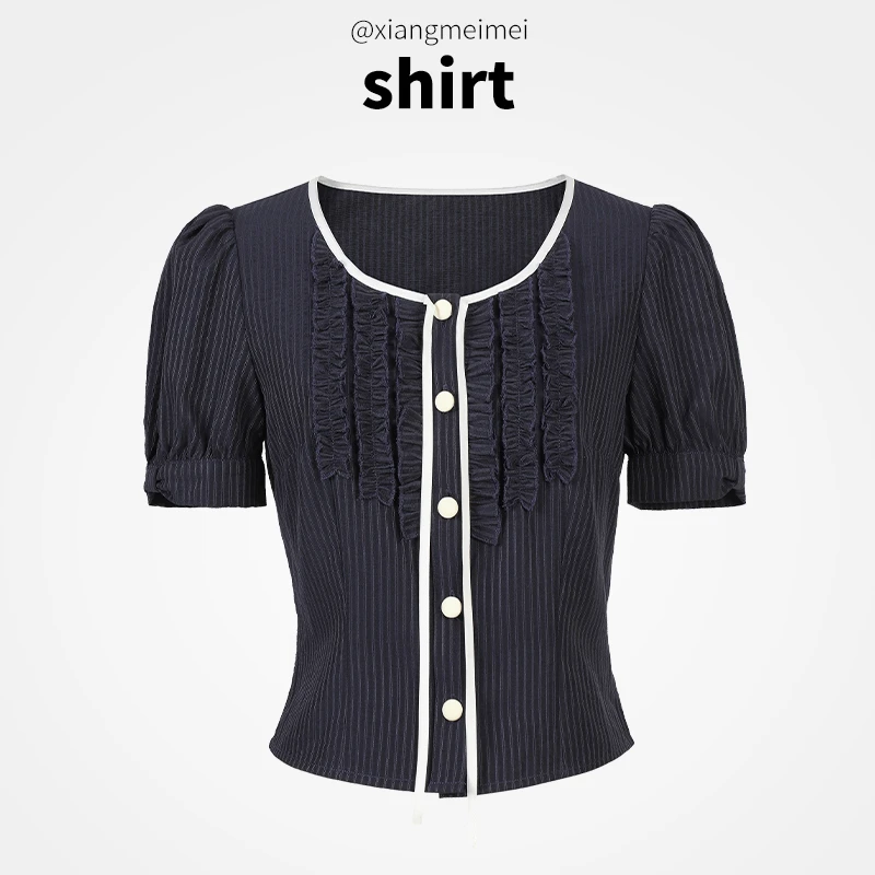 方领夏季短袖重工褶皱泡泡袖衬衫小衫时尚文艺复兴风