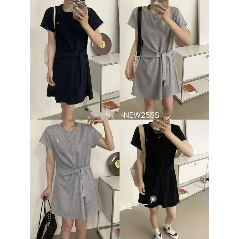 薇莎7380【现货】简约卷袖收腰绑绳T裙时尚休闲连衣裙