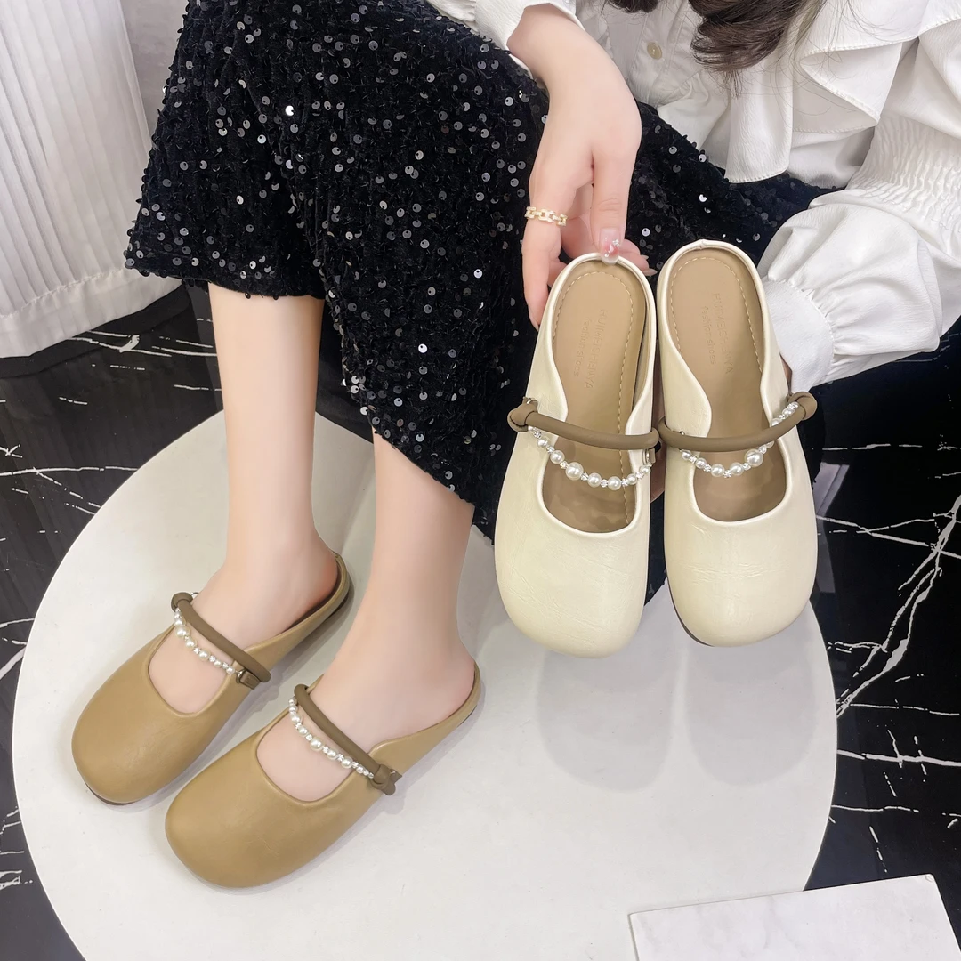 珍珠装饰包头半拖鞋仙女风平底凉拖鞋女春夏百搭外穿5101软底