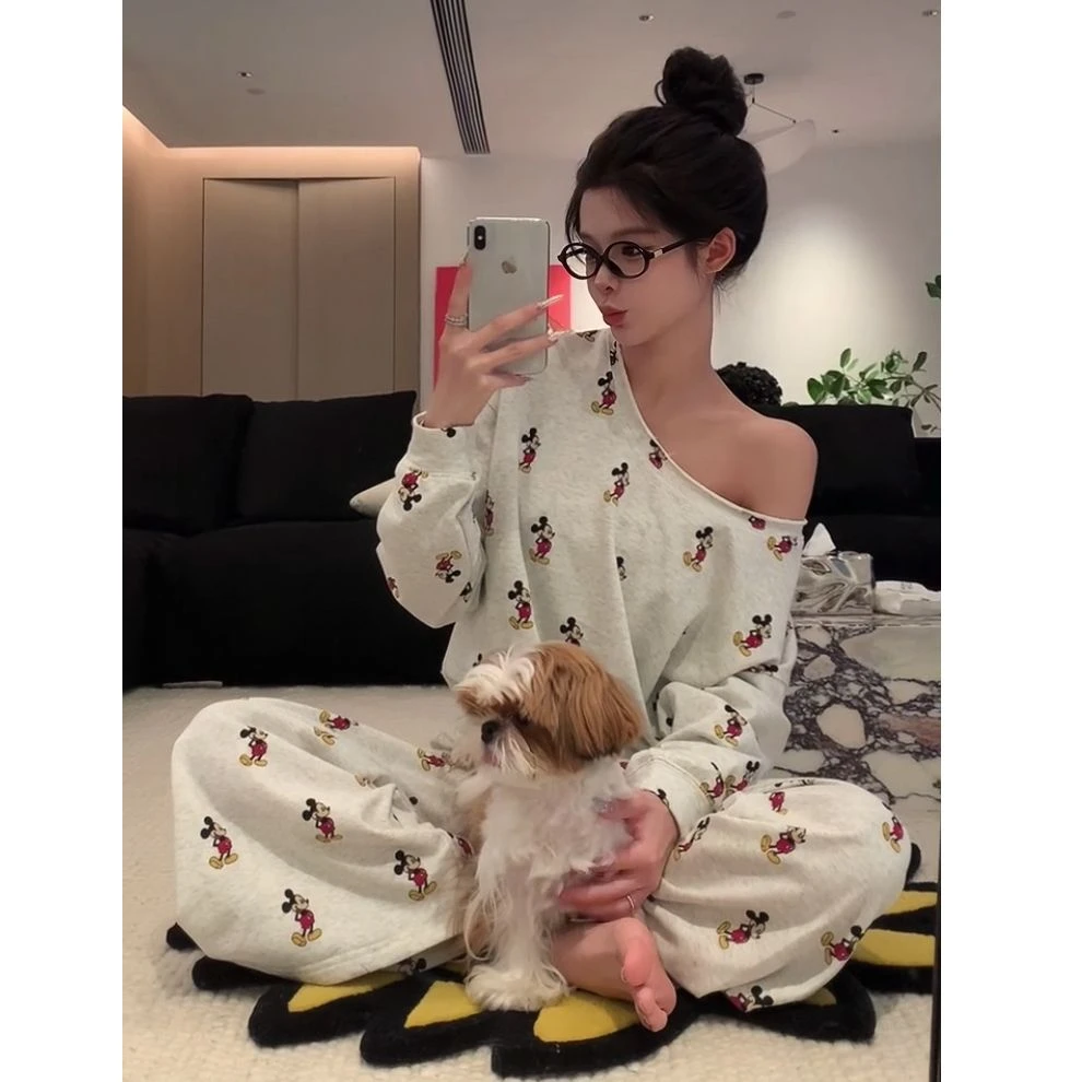 韩版ins卡通米奇大圆领睡衣女甜美学生长袖宽松大码薄款家居服装